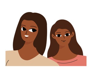 Couple of smiling black girls. Two friends, relatives or students are photographed. Isolated flat cartoon vector .