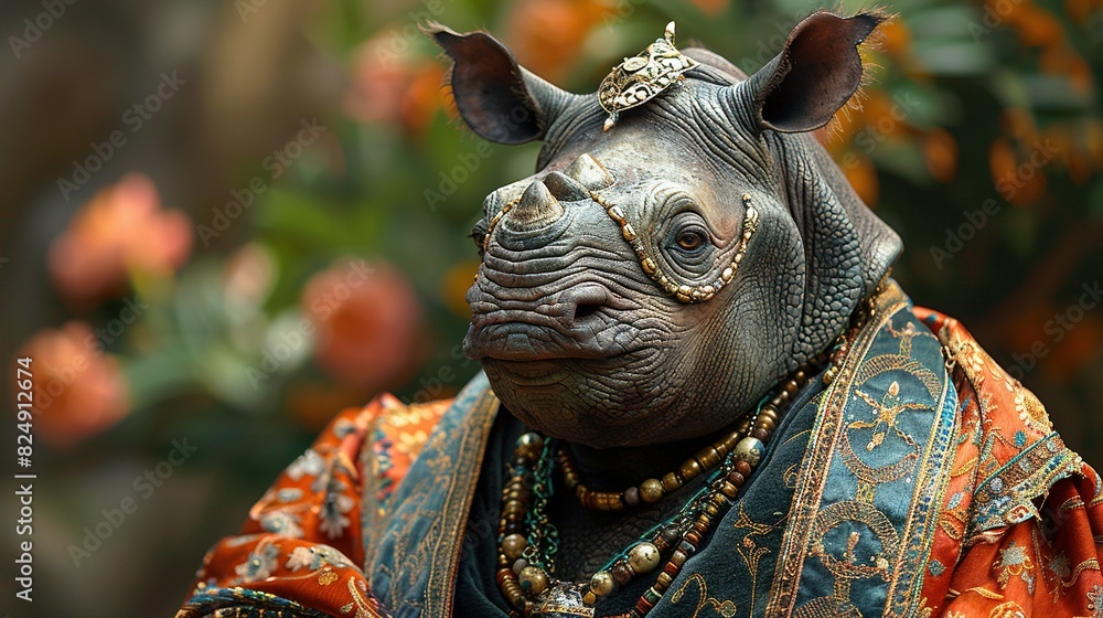 Wall mural close-up of a rhino statue adorned with a necklace and headdress, surrounded by flowers in the backg