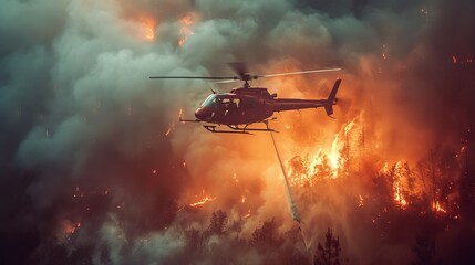 Scene of a helicopter flying through dense smoke while battling a forest fire, with flames engulfing the trees