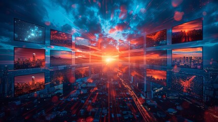 Surreal collage of sunset over a cityscape with multiple floating screens displaying various images