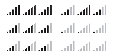 Signal strength indicator set, mobile phone bar status icon. network connection level sign Black signal bars. No signal symbol, Vector illustration