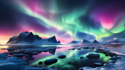 Gorgeous Northern or Southern lights of Aurora in a beautiful night sky. Aurora Borealis above the islands' sky. A bright sight in a nighttime winter landscape