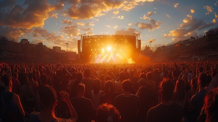 A massive crowd enjoys a live concert at sunset with a bright stage and dynamic sky