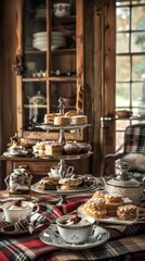 Fototapeta premium A cozy afternoon tea setting in a Scottish country house, with a variety of shortbread and cakes on a tiered stand, surrounded by tartan decor