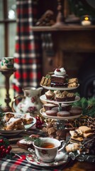 A cozy afternoon tea setting in a Scottish country house, with a variety of shortbread and cakes on a tiered stand, surrounded by tartan decor