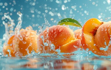 Fresh Peach Splashing In Blue Water