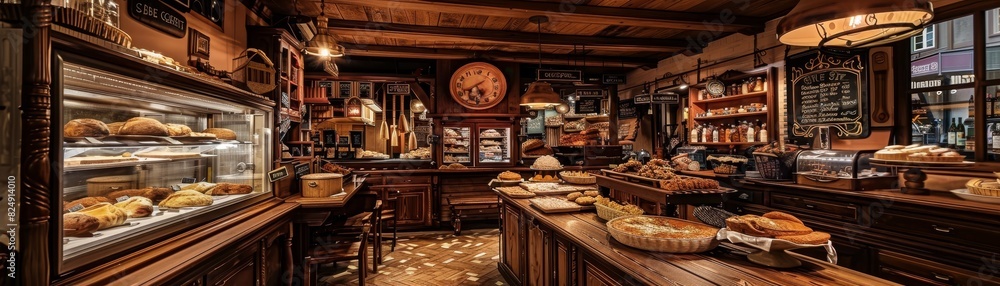 Wall mural A cozy Austrian bakery with freshly baked strudels and sachertorte, set in a charming, oldworld interior