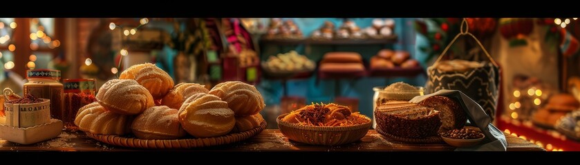 Fototapeta premium A cozy Mexican bakery with a selection of conchas and pan dulce, set against a backdrop of festive decorations and warm lighting
