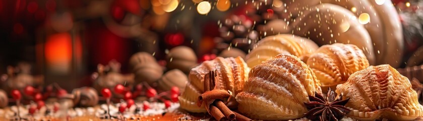 A cozy Mexican bakery with a selection of conchas and pan dulce, set against a backdrop of festive decorations and warm lighting