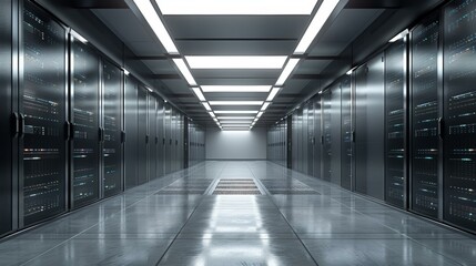 Futuristic data center with rows of server racks