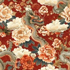 Ancient Chinese Silk Seamless Pattern with Dragons, Peonies, and Clouds

