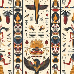 Ancient Egyptian Tomb Art Seamless Pattern with Gods, Goddesses, and Daily Life Scenes

