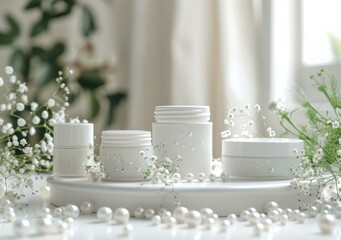Obraz na płótnie Canvas White Cosmetic Jars with Pearl & Flower Accents