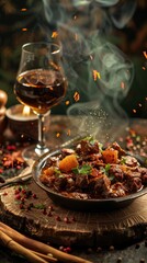 A dish of Ethiopian tibs with a glass of honey wine