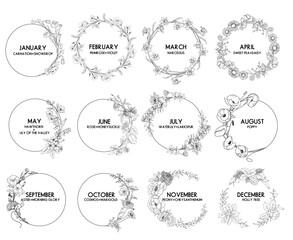 Birth month flower wreaths set, vector hand drawn isolated line art botanical frames for greeting cards and invitations