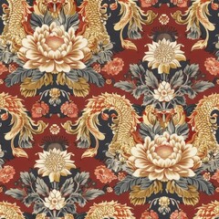 Vintage Chinese Brocade Seamless Pattern with Phoenixes and Chrysanthemums

