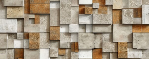 Abstract geometric background featuring various shades of brown, beige, and white rectangles arranged in a 3D layered pattern.
