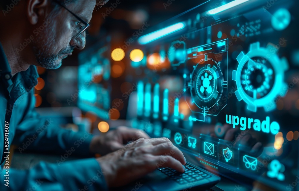 Poster man typing on keyboard with progress bar and holographic upgrade interface