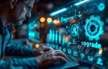 Fototapeta premium Man typing on keyboard with progress bar and holographic upgrade interface