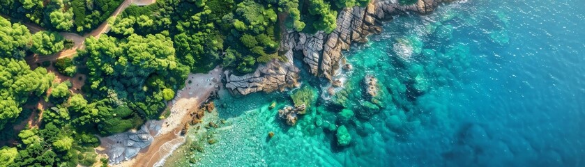 Aerial view of a stunning coastal landscape with turquoise waters, rocky cliffs, and lush green vegetation, perfect for travel and nature themes. - Powered by Adobe