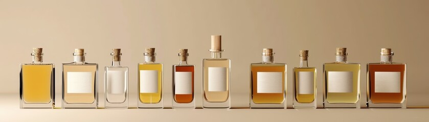 Aesthetic arrangement of various perfume bottles with golden and amber hues against a beige background, perfect for beauty and fragrance themes.
