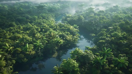 Create an aerial perspective of a tropical rainforest canopy, showcasing lush foliage, winding rivers, and diverse wildlife hidden within the dense greenery