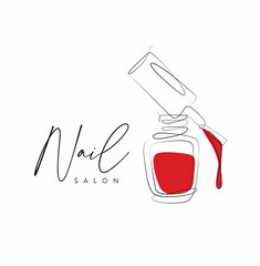 Nail polish red bottle with brush and lettering salon drawing in linear style on white background