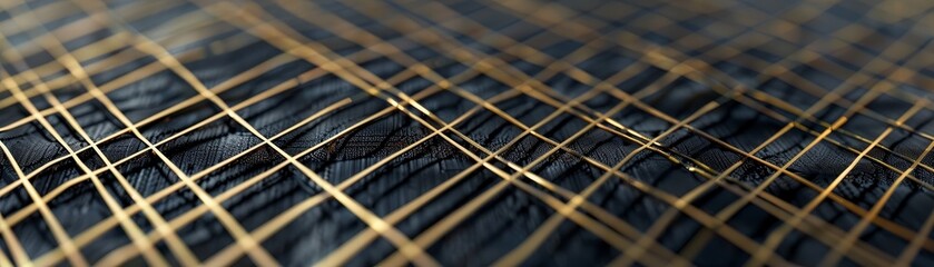 Close-up macro shot of intertwined golden grid lines over a blurred dark blue background, perfect for abstract textures and backgrounds.