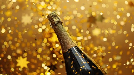 closed bottle with gold glitter background. bottles with gold foil caps are visible in front of a glittering background.