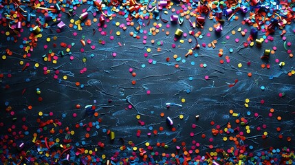   A black background adorned with a myriad of colorful sprinkles, interspersed with confetti