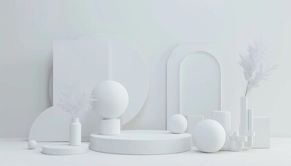 White Abstract Minimalist 3D Rendering Showcase: Geometric Shape Group Mockup