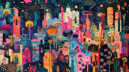 Colorful abstract cityscape artwork with vibrant buildings, imaginative structures, and intricate patterns, creating a whimsical urban scene.