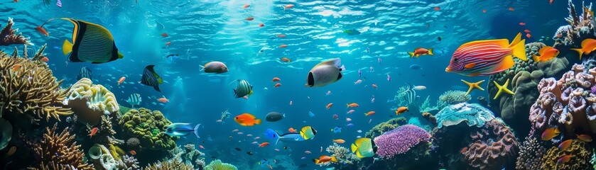 Fototapeta premium Colorful tropical fish swimming through vibrant coral reefs in a crystal clear blue ocean, showcasing the beauty of underwater marine life.
