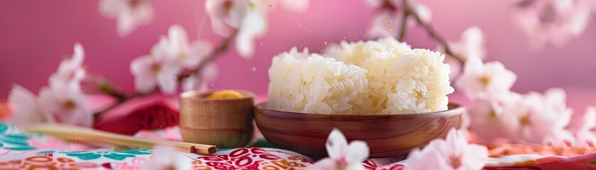 A festive scene of mochi rice cakes on a colorful, patterned cloth, surrounded by cherry blossoms and a small wooden sake cup - Powered by Adobe