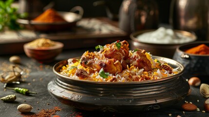 A fragrant dish of chicken biryani with saffron rice, roasted nuts, and raita on the side in an...