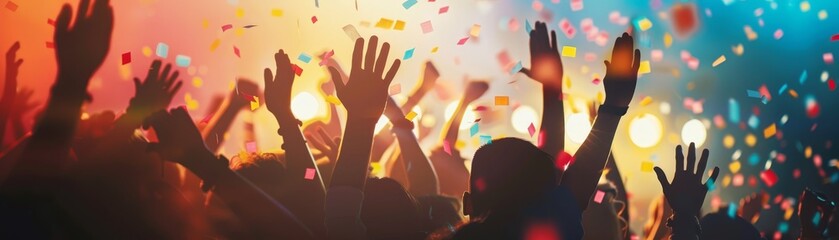Energetic crowd of people celebrating with raised hands at a colorful concert or party, enjoying vibrant lights and confetti under the night sky.
