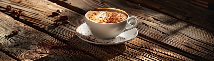 A frothy cappuccino with latte art served in a white cup on a rustic wooden table in an Italian cafe