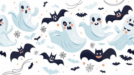 Fun and spooky Halloween pattern with playful ghosts, bats, and spider webs on a white background, perfect for festive decorations.