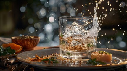 A glass of Icelandic brennivin with a clear, icy appearance, served with a traditional Icelandic dish