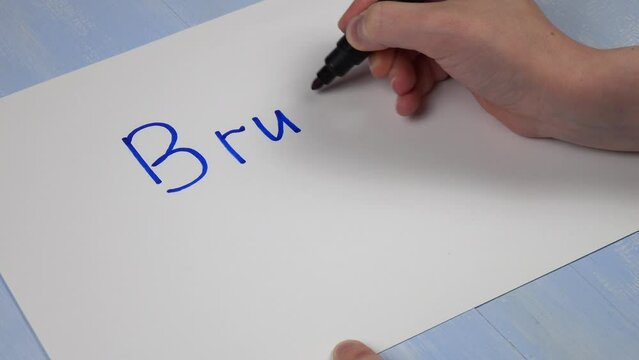 Young girl writes on a sheet of paper various words and expressions of gen z slang. Word "bruh", its definition and meaning