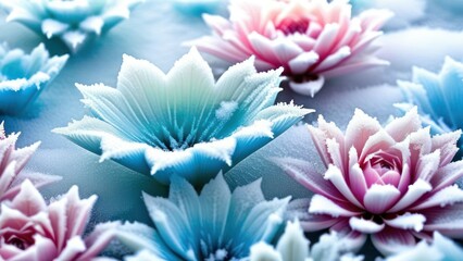 frozen frost flowers in milk, ice, water and snow in pastel colors