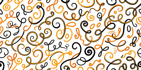 Brush curly lines seamless pattern. Pencil squiggles ornament. Scribble brush strokes vector background. Hand drawn marker scribbles, curved lines. Black pencil sketches. Squiggles and daubs.
