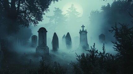 Mysterious foggy cemetery at night with old tombstones, eerie atmosphere, and moonlight shining through trees creating haunted ambiance.