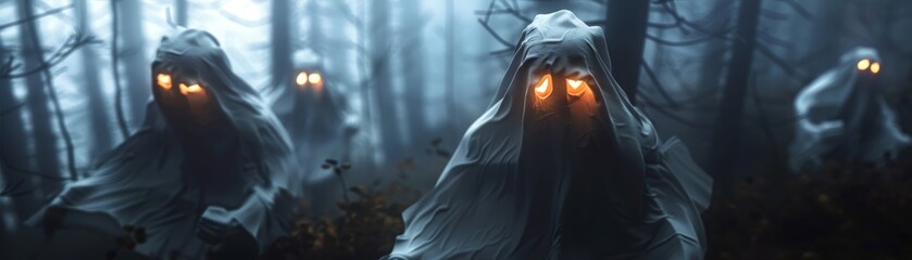 Mysterious specters with glowing eyes in a dark, foggy forest, creating a chilling and eerie atmosphere suitable for Halloween themes.