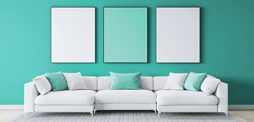 Minimalist design with three blank teal canvases and white sofa, 3D rendered presentation.