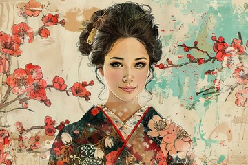 Beautiful Asian Woman in Traditional Kimono with Cherry Blossoms