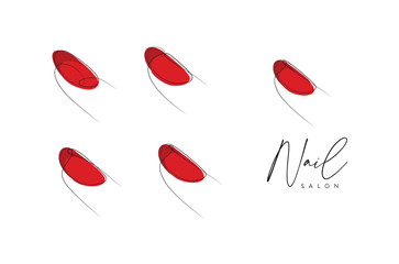 Woman fingers with red round nails drawing in linear style on beige background