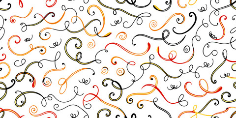 Brush curly lines seamless pattern. Pencil squiggles ornament. Scribble brush strokes vector background. Hand drawn marker scribbles, curved lines. Black pencil sketches. Squiggles and daubs.
