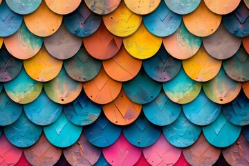 A colorful pattern of interlocking, geometric fish scales