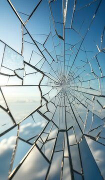 Fractured Reality Cracked Mirror with Broken Glass Shards Reflecting the Azure Sky